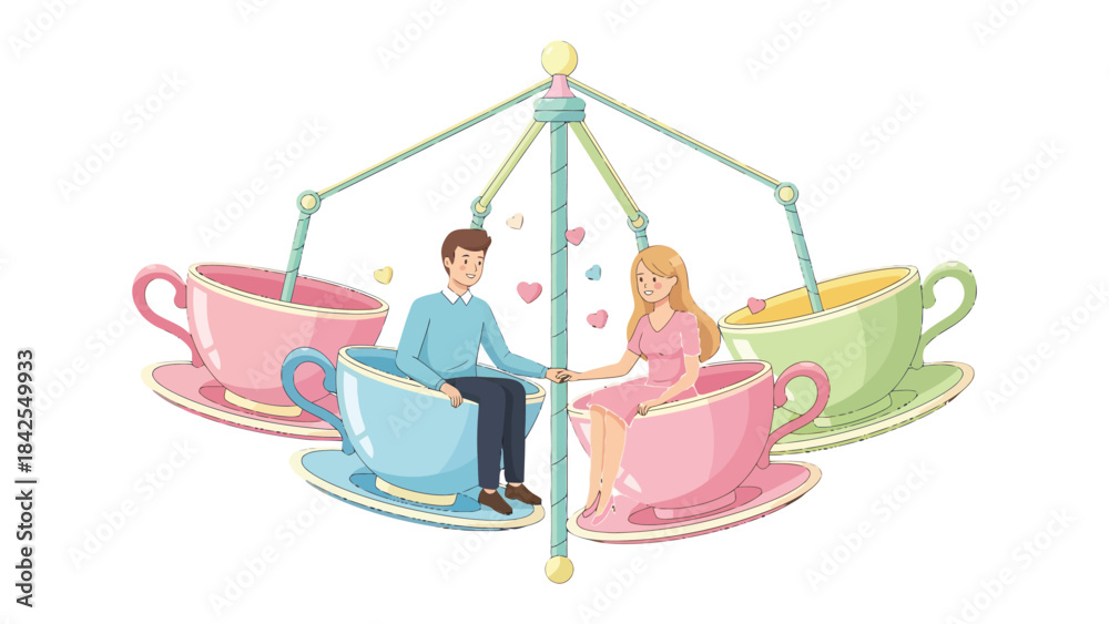Obraz premium Cup Ride of Romance: A lovely couple sharing an intimate moment of togetherness on a whimsical teacup ride, surrounded by pastel colors and hearts.