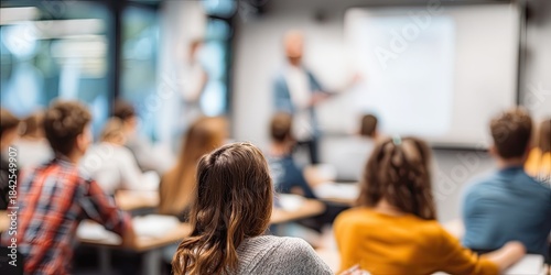 Students attentively listen to a teacher presenting at a projector screen in a classroom