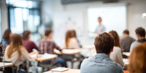 Blurred view of students in a classroom attending a lecture at desks