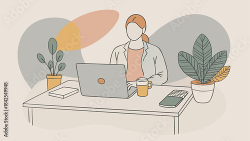 A person works remotely at a desk with a laptop and plants, illustrating a modern workspace isolated on transparent background, Vector