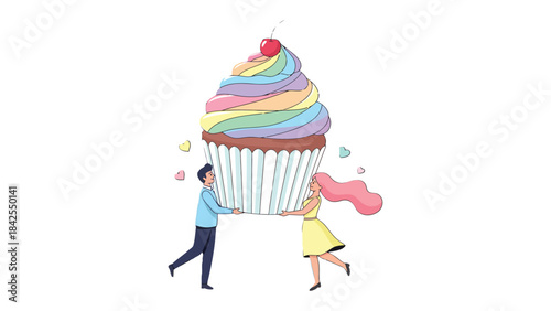 Giant Cupcake of Delight: A couple joyfully carry a huge, vibrant cupcake, celebrating the sweetness of togetherness and the indulgence of life's simple pleasures. 