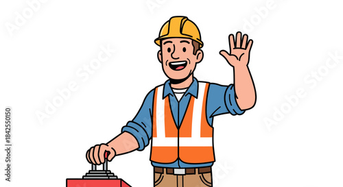 Friendly construction worker in hard hat and safety vest waving hello and operating machinery