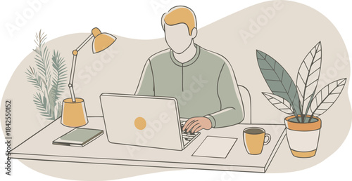 An illustration of a modern work setup where a person is focused on a laptop with minimalist surroundings isolated on transparent background, Vector