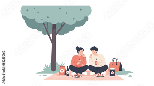 Picnic under a Tree: A couple shares a moment of tranquility and romance, enjoying a picnic beneath the shade of a serene tree, creating a scene of love and connection.