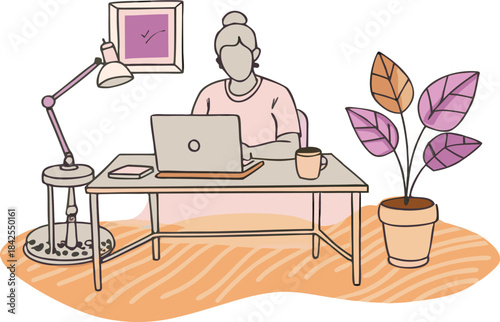 A person works remotely in a cozy home office setup illustration isolated on transparent background, Vector