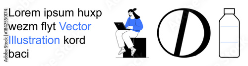 Digital learning, environmental awareness, sustainability, prohibition, eco consciousness, modern design. A woman working on a laptop, a prohibition symbol and a plastic bottle. Digital learning