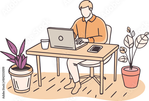 A person concentrating on work while sitting at a minimalist desk with two potted plants isolated on transparent background, Vector