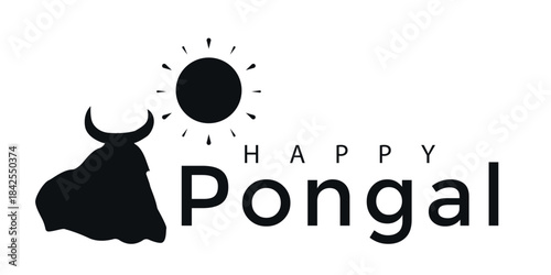 Happy Pongal banner. Black cow, sun, text on white background. Indiana harvest celebration poster for web design. Vector illustration