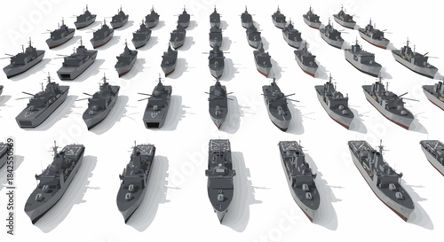 A grid of numerous grey naval warships viewed from an elevated angle, showcasing a diverse fleet of military vessels arranged in rows