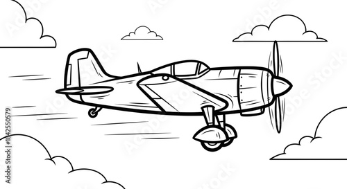 Vintage airplane soaring through clouds in a whimsical, illustrative style