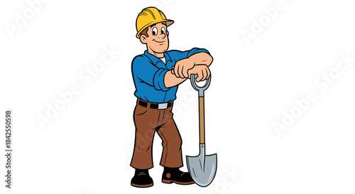 A construction worker in a hard hat and blue shirt is leaning on a shovel, ready for work