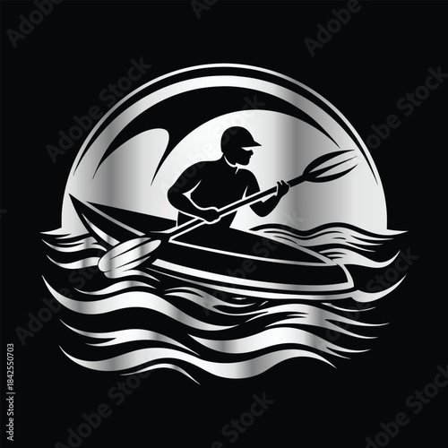 Adventure kayaking logo design.Vector illustration on black background.
Adventure kayaking logo design.kayak on the lake, mountains silhouette in the circle, vector illustration
