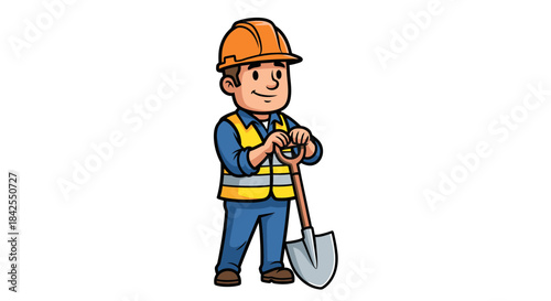 Construction worker with shovel, wearing hard hat and safety vest, ready for work