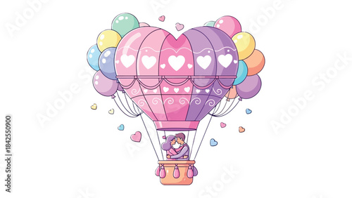 Love's Ascent: A whimsical illustration depicts a heart-shaped hot air balloon soaring amidst a cluster of colorful balloons, carrying a loving couple towards the sky.