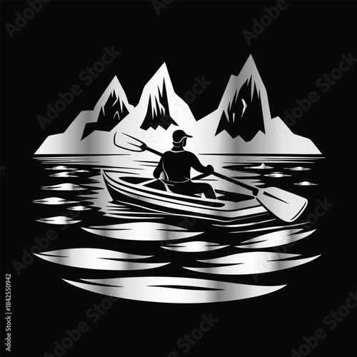 Adventure kayaking logo design.Vector illustration on black background.
Adventure kayaking logo design.kayak on the lake, mountains silhouette in the circle, vector illustration
