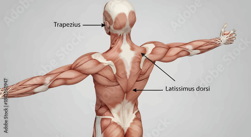 Anatomical illustration of the human trapezius and latissimus dorsi muscles on the back