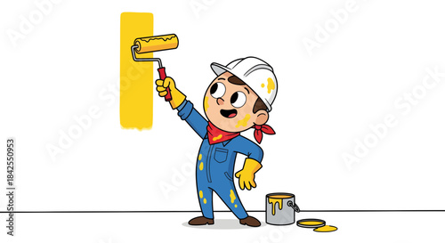 Little child wearing yellow hard hat and blue overalls painting a white wall with a yellow roller and paint can