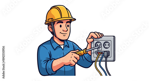 Skilled electrician in yellow hard hat diligently working on electrical outlet with screwdriver and wires, representing professional installation and repair services