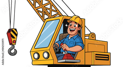Happy construction worker operating a large crane in a yellow cabin, ready for heavy lifting tasks on a construction site, demonstrating professional skill and dedication