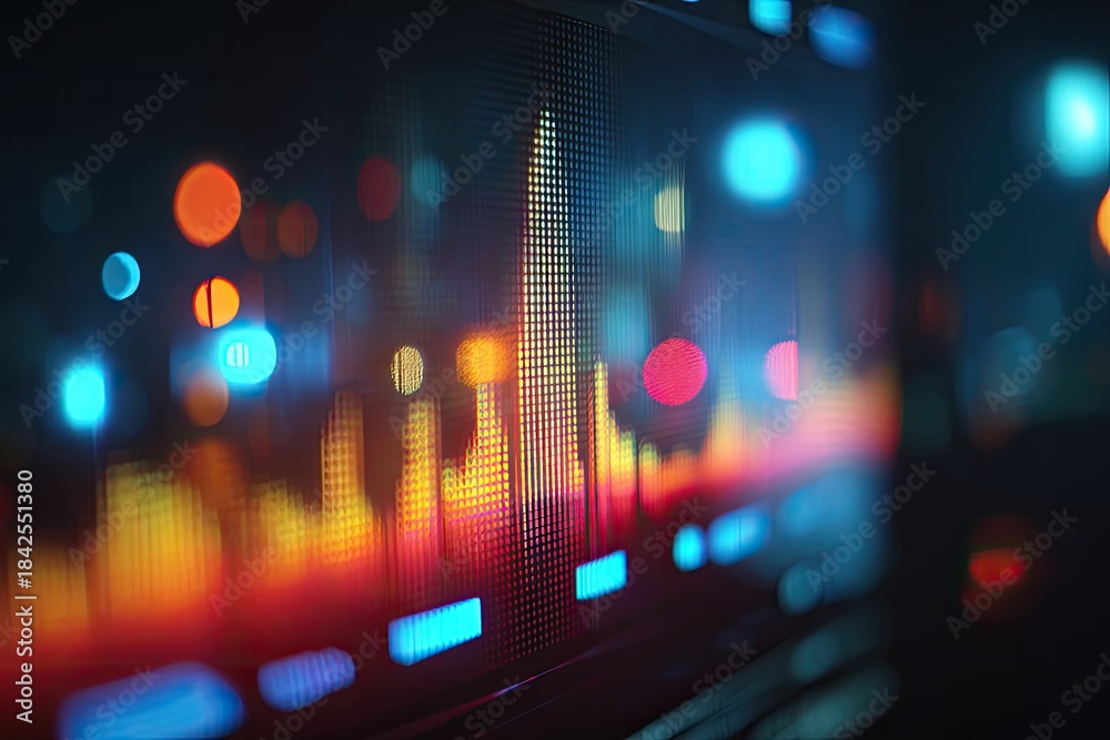 Obraz premium Abstract glowing data visualization with bokeh lights in a city