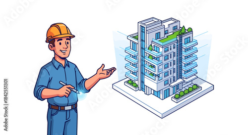 Skilled architect or engineer actively designing and presenting a contemporary, eco-friendly building, symbolizing urban development innovation and sustainable architectural planning