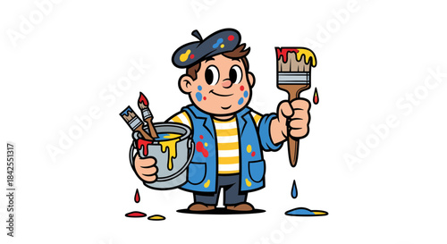 Vibrant cartoon artist character wearing a beret, holding a paint-splattered brush and a can of dripping paint, embodying creativity and artistic expression