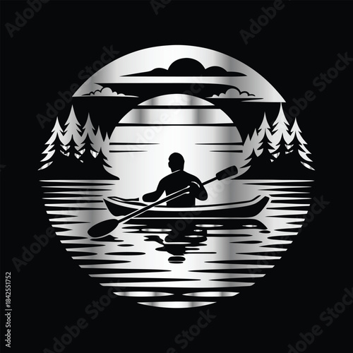 Adventure kayaking logo design.Vector illustration on black background.
Adventure kayaking logo design.kayak on the lake, mountains silhouette in the circle, vector illustration

