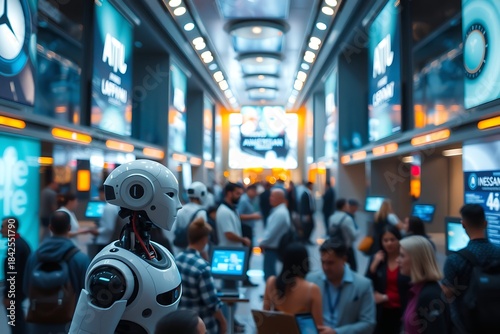 Wallpaper Mural Generative AI Robots Managing Crowded Indoor Space with Advanced Technology Torontodigital.ca