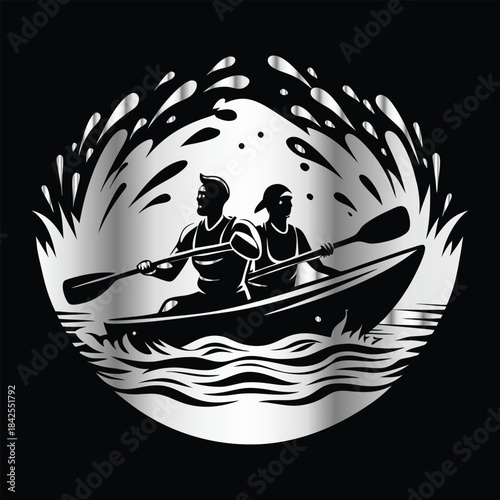 Adventure kayaking logo design.Vector illustration on black background.
Adventure kayaking logo design.kayak on the lake, mountains silhouette in the circle, vector illustration
