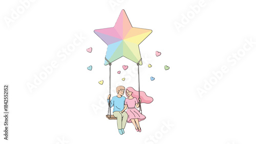 Love's Celestial Swing: A charming couple finds solace on a whimsical swing suspended beneath a vibrant rainbow star, surrounded by delicate hearts.