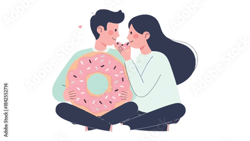 Sweetest Moment: A delightful couple sharing a playful moment, their eyes locked in affection as they hold a giant donut, a symbol of sweet love and shared joy.