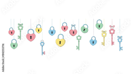 Keys and Heart-Shaped Locks: A charming collection of colorful keys and heart-shaped locks delicately suspended, representing concepts of love, secrets, and security.