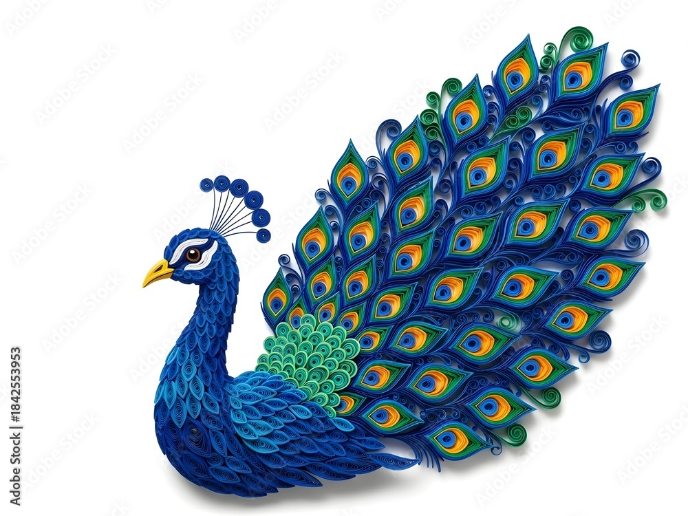 Fototapeta premium Intricate Quilled Paper Peacock with Detailed Feathers on White Background