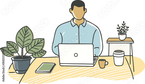 A person works remotely at a desk with a laptop and plants, symbolizing modern work life isolated on transparent background, Vector