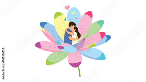 Blooming Romance: A couple embraces within a vibrant, multi-colored flower, symbolizing the blossoming of love, surrounded by floating hearts, evoking feelings of affection and tenderness.