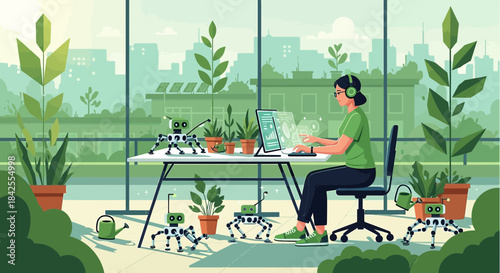 Futuristic workspace with woman using digital technology surrounded by plants and robots