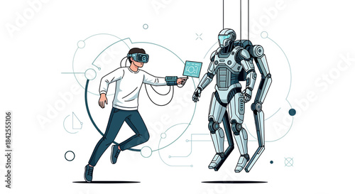 Human in VR interacting with a robot through a digital interface in a futuristic setting,