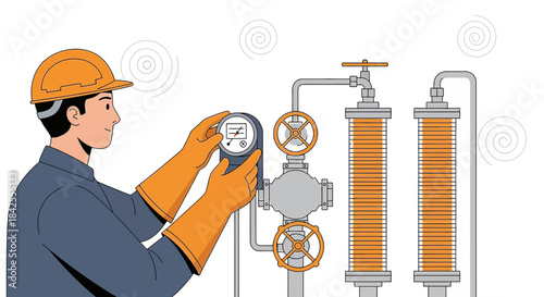 Illustrated industrial worker adjusting equipment gauge in a manufacturing setting atmosphere