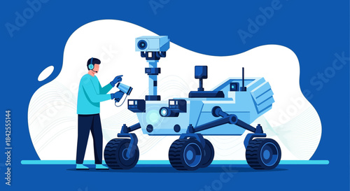 Illustration depicting a technician configuring a planetary exploration rover for a future mission