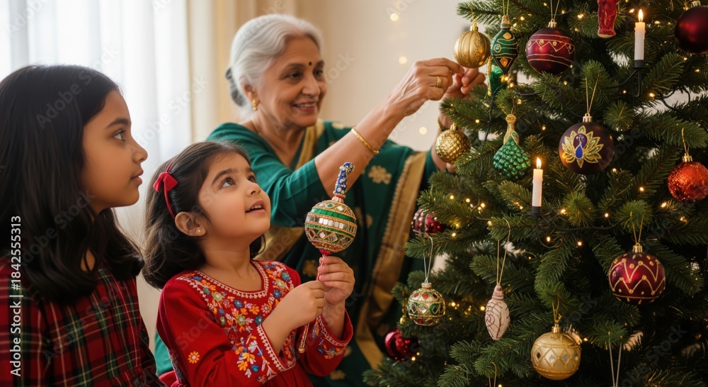 Naklejka premium Grandmother and two smiling young girls stand beside a beautifully decorated Christmas tree