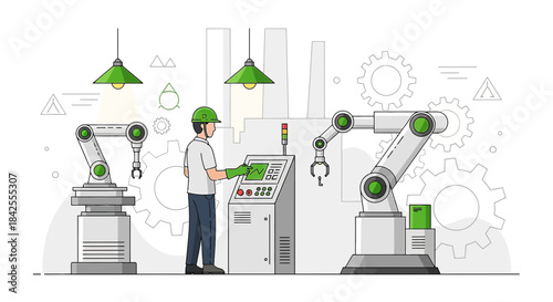 Illustrative automated production line with robotic arms and human operator in clean style