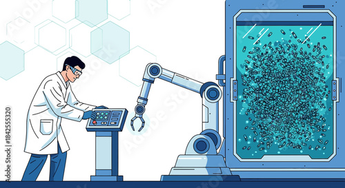 Illustration showing pharmaceutical manufacturing automation process with robotic arm and