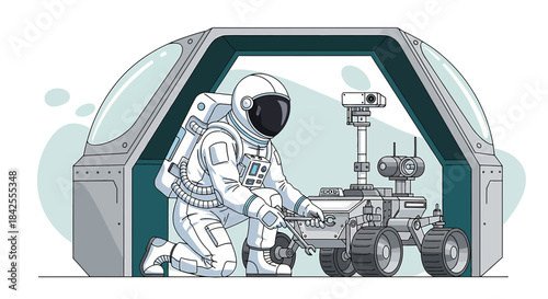 Illustrative depiction of an astronaut repairing a space rover within a module or habitat on a