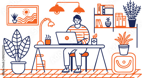 A man working on his laptop in a minimalist and comfortable home office setting isolated on transparent background, Vector