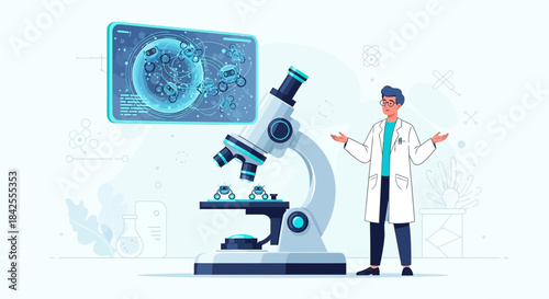 Illustrative depiction of scientific research with microscopes and robots on a light background