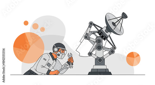 Illustrative depiction of satellite engineer with advanced technology interface for maintenance