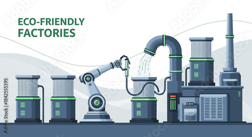 Illustrative eco-friendly factory depicting sustainable manufacturing processes using robotics and