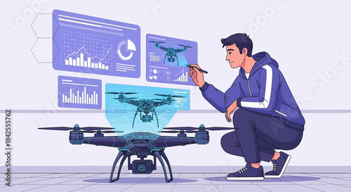 Innovative drone technology analysis and design visualized with interactive virtual interface