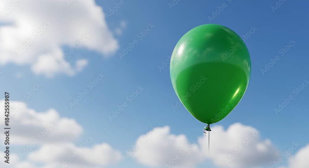 Obraz premium Bright green balloon floats solitarily against a tranquil cloudy backdrop, a digital representation of hope
