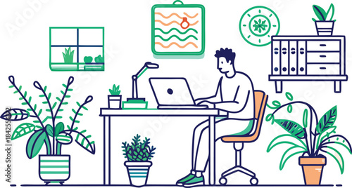 A man works on his laptop in a comfortable home office surrounded by plants isolated on transparent background, Vector